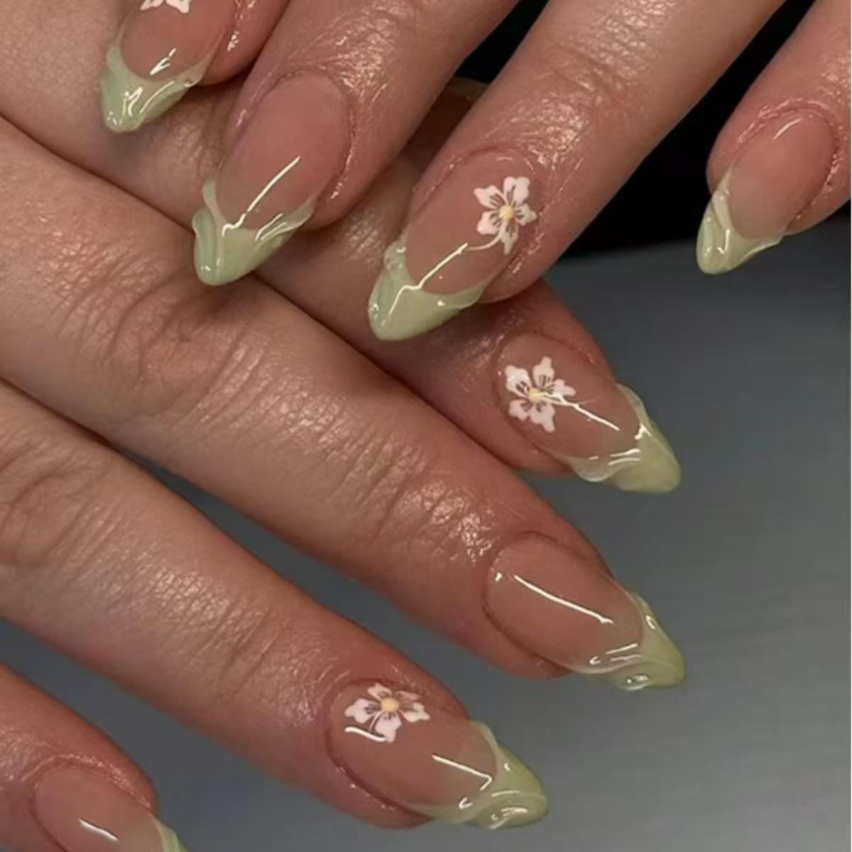 Nail Art Oval - 24 pçs simples verde francês unhas